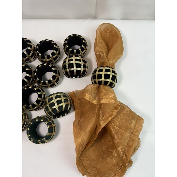 12 Pcs‎ Napkin Rings Velvet With Gold Ribbon Woven 9 Black 3 Green - Picture 5 of 6